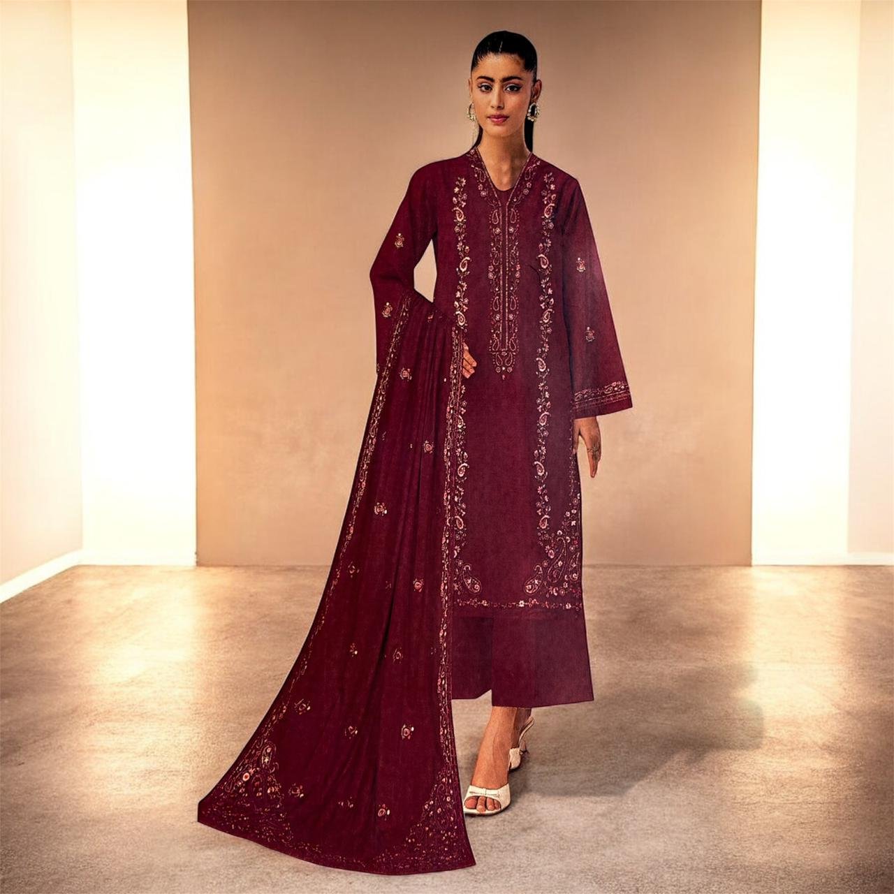 Embroidered Dhanak 3-piece suit | MK-06