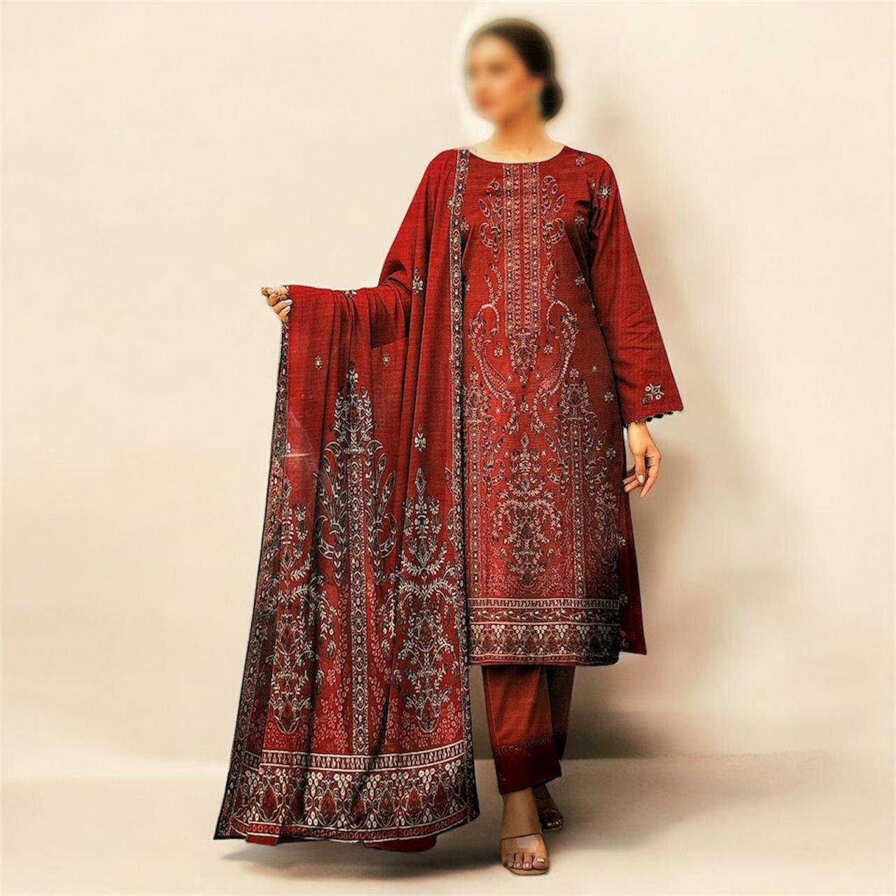 Embroidered Dhanak 3-piece suit | MK-05